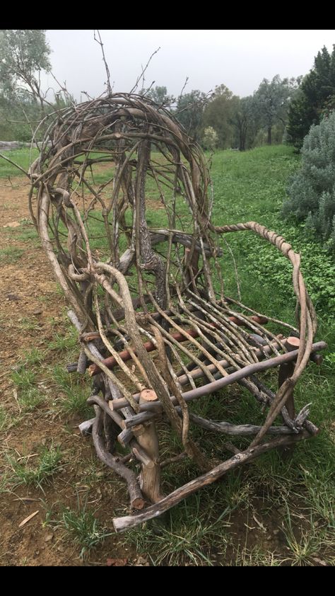 Created from fallen branches & honeysuckle vine “Annask” Entanglewood chair Grapevine Projects, Twig Chair, Grapevine Ideas, Abandoned Garden, Willow Furniture, Twig Furniture, Tree Limbs, Honeysuckle Vine, Rustic Log Furniture