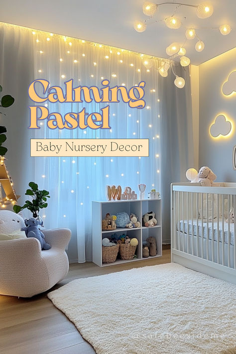 A calming pastel nursery featuring soft pastel-colored walls and a white crib adorned with plush toys and a cozy rug. The room includes minimalistic wall art and soft lighting from battery-operated cloud lights, adding a warm glow to the space. A small plant adds a touch of nature. *Purchasing through our links may earn us a small commission. Relaxing Nursery Ideas, Sky Themed Nursery, Lamp For Nursery, Hanging Cloud, Star Themed Nursery, Cloud Night, Cloud Nursery, Hanging Clouds, Cloud Night Light