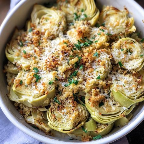 Canned Artichoke Hearts with Parmesan Breadcrumb Topping Artichoke And Cauliflower Recipes, Artichoke Jar Recipes, Artichoke Parmesan Bites, Roasted Canned Artichokes, Canned Artichoke Hearts With Parmesan Breadcrumb Topping, Recipes Using Breadcrumbs, Recipes With Jarred Artichokes, Canned Artichokes Recipe, Artichoke Canned Recipes