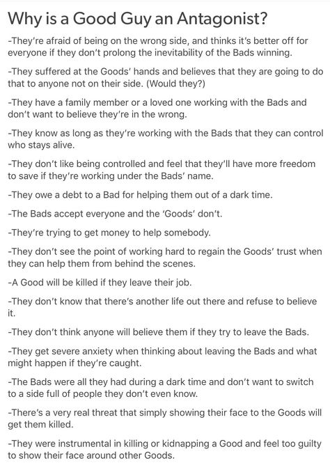 Good Villain Motives, Antagonist X Protagonist Writing Prompts, Villain Reasons, Writing A Protagonist, How To Write A Villain Main Character, Villain Motives Prompts, Villain Motives Writing, Side Character Ideas, Motives For Villians
