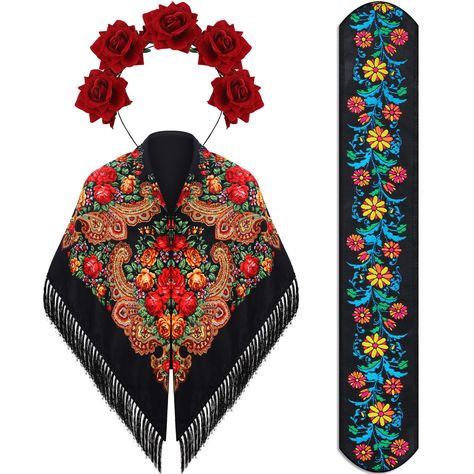 PRICES MAY VARY. Complete Traditional Mexican Accessory: the package will provide you with 1 piece of traditional Mexican shawl, 1 piece of Mexican belt and 1 piece of Mexican rose flower crown, good combinations to meet your styling requirements while adding an authentic Mexican touch to your attire; The floral patterns pay homage to traditional Mexican artistry, enriching your outfits with vivid colors and intricate designs Easy to Match and Suitable for Various Occasions: the bright colors an Mexican Themed Party Outfit, Mexican Theme Outfit, Mexican Fashion Traditional, Mexican Fiesta Party Outfit, Mexican Theme Party Outfit, Drawtober 2024, Traditional Mexican Clothing, Mexican Traditional Clothing, Mexican Belt