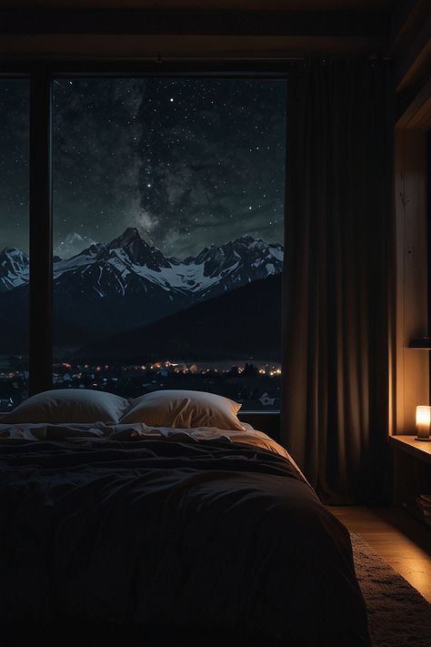 A cozy dark bedroom at night time with a Mountain View 0 Stormy Bedroom, Cozy Dark Bedroom, Bedroom At Night, Dark Bedroom, Dream Room Inspiration, Beautiful Bedrooms, Cozy Bedroom, Dream Room, Restaurant Design