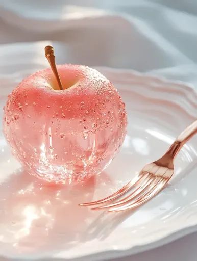 ↑↑↑ Larger size on website 🔸 A close-up image of a pink, glass apple sitting on a white plate with a rose gold fork beside it. Th Rose Pink Aesthetic, Rosé Pink Aesthetic, Aesthetic Fruits, Jelly Food, Apple Glasses, Glass City, Clear Fruit, Gold Fork, Apple Images