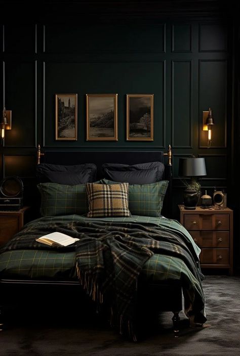 How To Create The Perfect Moody Dark Academia Room - Posh Pennies Green Bedding Bedroom, Academia Interior Design, Dark Academia Interior Design, Modern Dark Academia, Dark Academia Bedroom Ideas, Academia Interior, Slytherin Room, Posh Pennies, Academia House