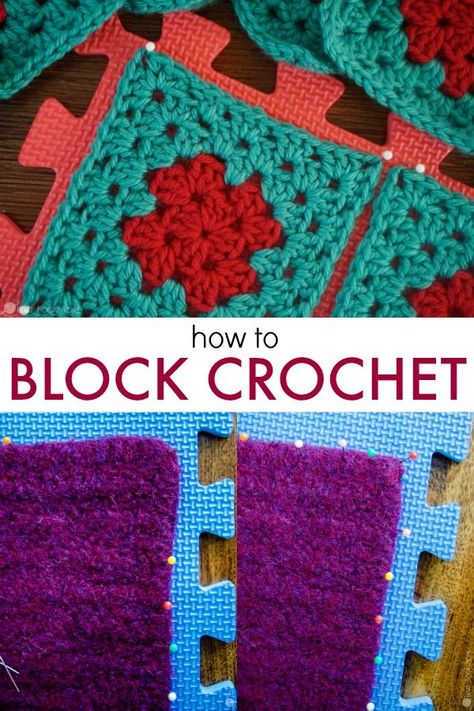 Blocking crochet pieces before you sew them together ensures that all of your pieces are the same dimension. Believe it or not, your mood can affect your tension. Angry crochet is a thing, y’all! Ha! How To Block Crochet Squares, How To Block Crochet Granny Squares, Steam Blocking Crochet, Diy Crochet Blocking, Diy Blocking Board Crochet, Blocking Crochet, Crochet Nerd, Crochet Blocking, Crochet Blocking Board