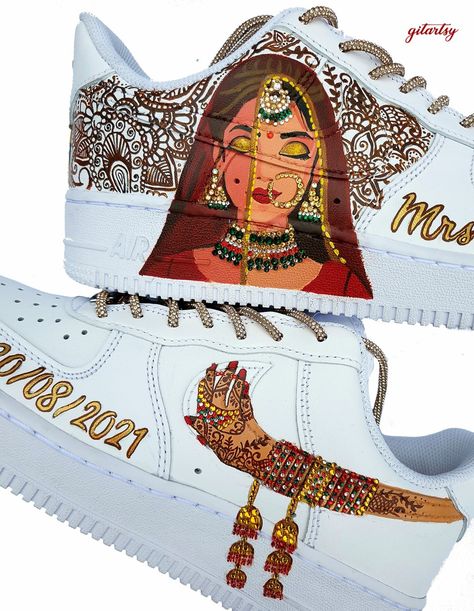 Bridal Indian Nike AF1 custom sneakers Indian Bridal Sneakers, Luxury Hand Painted Custom Sneakers, Sporty Hand Painted Custom Sneakers, Sporty Hand-painted White Sneakers, Luxury Hand-painted Casual Custom Sneakers, Nike Af1 Custom, Custom Hand-painted Sneakers With White Soles, Painted Adidas, Painted Air Force 1