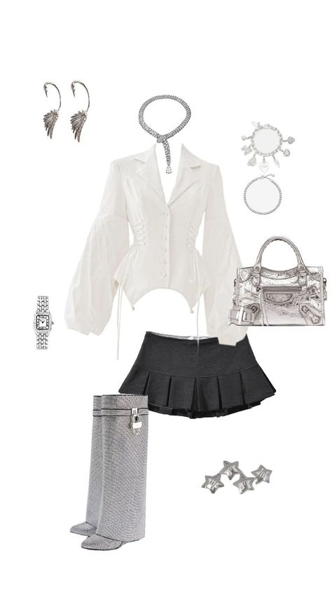 silver themed outfit, givenchy boots, white top White Givenchy Boots Outfit, White Givenchy Boots, Givenchy Boots Outfit, Givenchy Outfit, Givenchy Boots, Boots White, White Swan, Outfit Dress, Themed Outfits