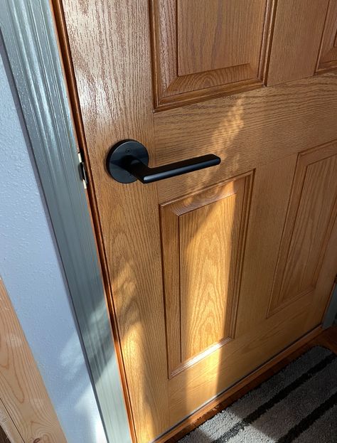 Oak Doors With Black Handles, Black Door Handles On Oak Doors, Oak Door Black Handle, Oak Doors Black Handles, Black Kitchen Knobs, Brown Interior Doors, Sunrise Drive, Update Doors, Custom Door Handle