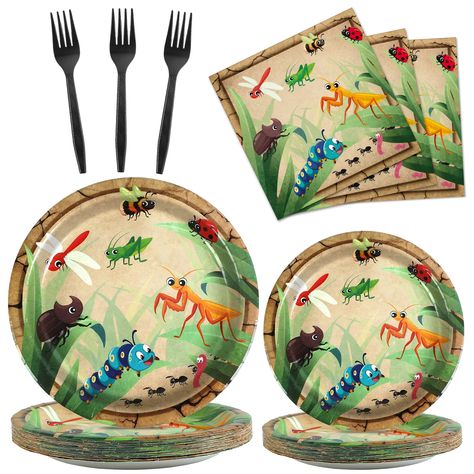 PRICES MAY VARY. 【What you will get】: You will receive 100 pieces bug party paper dinner plates of 9’’, 25 pieces firefighter paper plates of 7’’, 25 pieces napkins of 6.5’’,25 plastic forks and for each set that can serve 25 guests. 【Premium Material】All of our bug theme plates and napkins are made of quality paper, non-toxic, no smell, heat-resistant and durable. The pattern and color are well-printed and fade-resistant to provide you with a party full of bug birthday theme atmosphere. 【Perfec Insect Birthday Party, Reptile Birthday Party, Birthday Party Plates, Bug Party, Insects Theme, Birthday Party Design, Party Table Settings, Theme Party Decorations, Party Paper