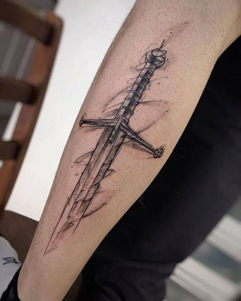 Claymore Tattoo Swords, Outside Forearm Tattoo Men Ideas, Claymore Tattoo, Fellowship Tattoo, Got Tattoo, Polka Tattoo Designs, Tiger Face Tattoo, Trash Polka Tattoos, Arm Tattoos Drawing