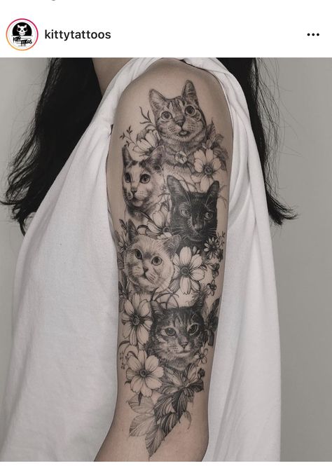 Cat Tattoo Half Sleeve, Cat And Flower Tattoo Sleeve, Cat Tattoo Sleeve Women, Cat Sleeve Tattoos For Women, Cat Tattoo Floral, Pet Sleeve Tattoo, 4 Cats Tattoo, Cat Realistic Tattoo, Multiple Cat Tattoo