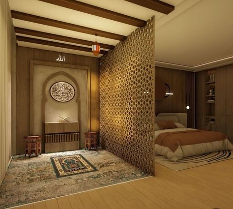 Arab Room Aesthetic, Islamic House Decor, Islamic Interior Design Bedroom, Arab House Interior, Islamic Bedroom Design, Arabic Bedroom Design, Islamic Prayer Room Ideas, Islamic Bedroom, Arabic Bedroom