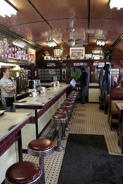 old fashioned cafe--maybe the fifties- Diner Counter, Diner Interior, Tile Bathrooms, 1950s Diner, Diner Food, 50's Diner, Diner Restaurant, 50s Diner, Diner Decor