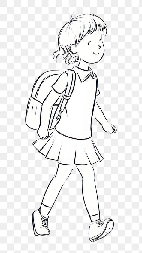 Girl With Backpack Drawing, Girl Walking Drawing, Footwear Drawing, Backpack Illustration, Backpack Drawing, Bag Illustration, Walk To School, Girl Walking, Line Artwork