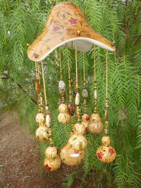 Chalice Windchime. Commissioned for a Reverend. Semiprecious stones, glass beads, gold leafing. Carving Gourds, Gourds Diy, Seashell Wind Chimes, Gold Leafing, Decorative Gourds, Glitter Balloons, Painted Glass Art, Wind Sculptures, Wine Glass Art