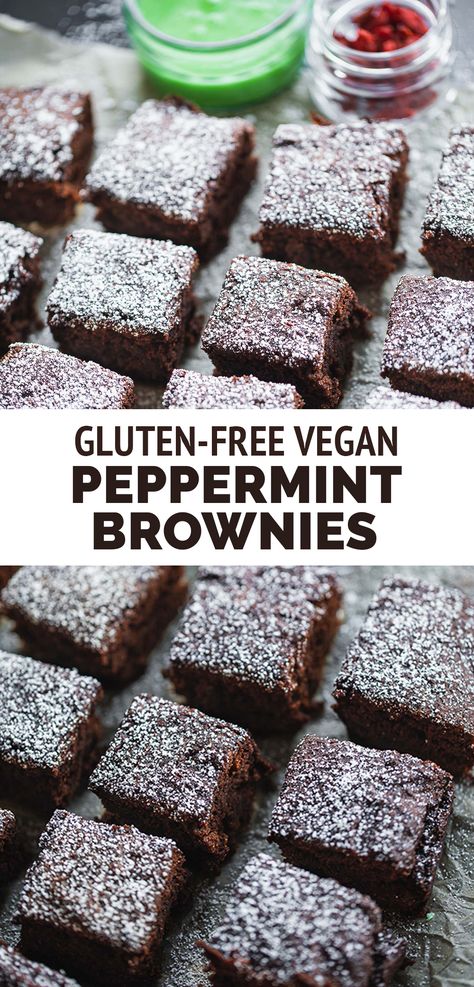 Fudgy, rich and chocolatey, these vegan peppermint brownies make a delicious treat that's easy to make. They’re finished with a minty icing, ready to served as a perfect dessert. #veganbrownies #veganchocoalate Peppermint Icing, Gluten Free Christmas Desserts, Vegan Brownies Recipe, Peppermint Brownies, Mint Brownies, Sweet Potato Brownies, Vegan Christmas Recipes, Gluten Free Christmas, Festive Desserts