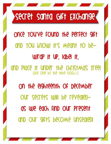 Secret Santa is a great tradition to play with friends and family! Everyone draws a name and secretly buys a gift for that person! On a certain day, everyone exchanges! Secret Santa Note, Secret Santa Messages, Secret Santa Rules, Secret Santa Poems, Secret Santa Invitation, Secret Santa Templates, Santa Invitation, 10 Secret Santa Gifts, Santa Label