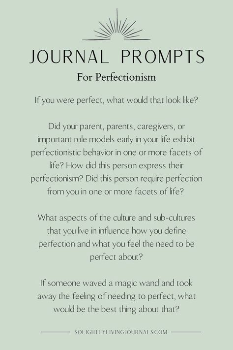 green image with black text, grpahic of rising sun at top image Perfectionism Quotes, Journal Jar, Overcoming Perfectionism, Mindfulness Journal Prompts, Perfectionism Overcoming, Mental Health Activities, Journal Questions, Gratitude Journal Prompts, Work Journal