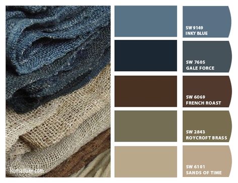 Navy Grey Brown Color Palette, Colors That Compliment Navy Blue, Interior Paint Schemes, Brown And Blue Living Room, Living Colors, Bedroom Colour Palette, Brown Color Schemes, Brown Color Palette, Brown Living Room