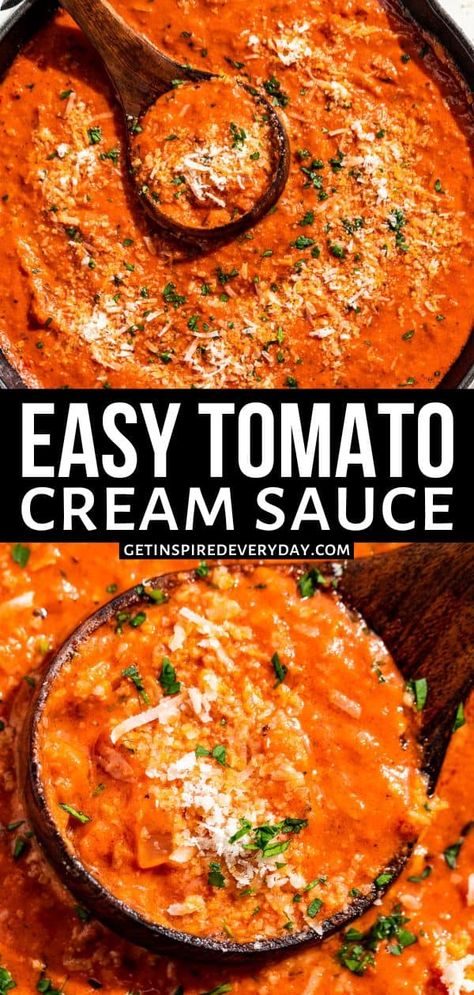 Rich with a balance of bright tomato flavor, this Tomato Cream Sauce can be made in less than 20 minutes from start to finish. It's really good served with chicken, shrimp, fish, or pork, but it's especially indulgent when tossed together with freshly cooked pasta. It's naturally gluten-free with 2 dairy-free options listed as well. This sauce is so easy to make and incredibly tasty, you may never buy jarred sauce again. Prawn Sauce, Tomato Cream Sauce Pasta, Red Sauce Pasta Recipe, Pasta Sauce Recipes Tomato, Red Pasta, Creamy Spaghetti, Creamy Tomato Pasta, Cream Sauce Pasta, Tomato Cream Sauce