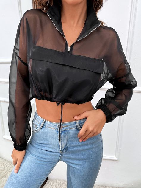 Black Casual  Long Sleeve Organza Plain Other Embellished Non-Stretch Summer Women Outerwear Mesh Jacket Outfit, Cropped Puffer Vest, Mesh Hoodie, Mesh Jacket, Women Jackets, Victorian Clothing, Stylish Blouse, Puffer Vest, Black Jacket