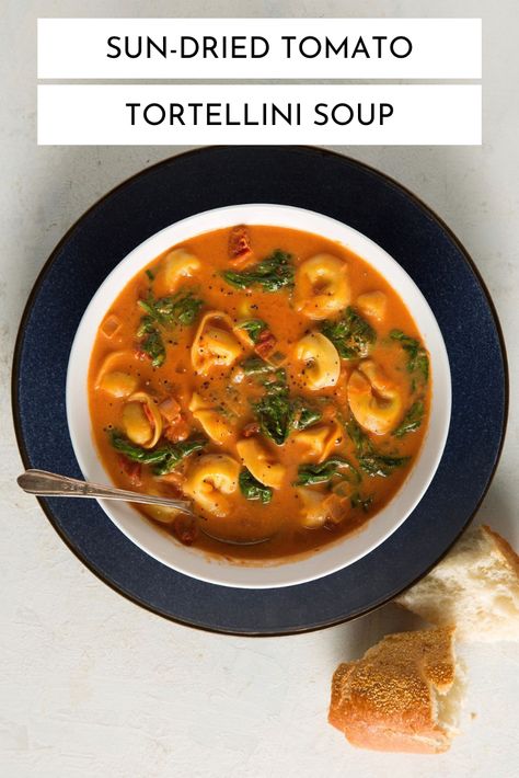 Creamy Sun-Dried Tomato-Tortellini Soup Tortellini Soup With Sun Dried Tomatoes, Sun Dried Tomato Tortellini Soup, Soup With Rosemary, Tomato Tortellini, Creamy Tortellini Soup, Tomato Tortellini Soup, Delicious Soups, Tortellini Soup, Sun Dried Tomatoes