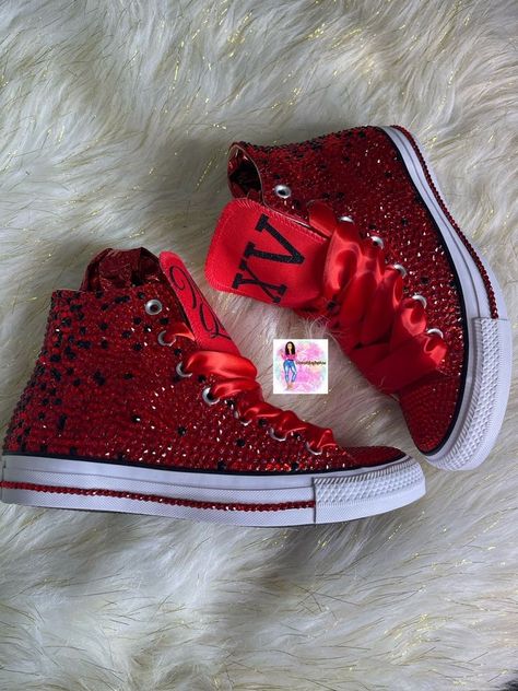 Red Heels Quinceanera, Red Quince Shoes Sneakers, Blinged Converse Shoes, Red Heels Quince, Christmas Quinceanera Ideas, Surprise Dance Outfits Quinceanera Red, Quince Shoes Red, Red Dress With Sneakers, Black And Red Quince Dress