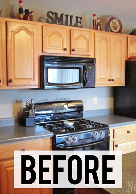 Change the entire look of your kitchen with this easy DIY! #kitchenupdate #kitchenDIY Affordable Kitchen Makeover, Backsplash Kitchen Small Space, East Kitchen Updates, Backsplash Before And After, Galvanized Kitchen Ideas, Shelf Above Cabinets Kitchen, Medium Size Kitchen Remodel, Builder Grade Cabinet Updates, 90s Kitchen Renovation