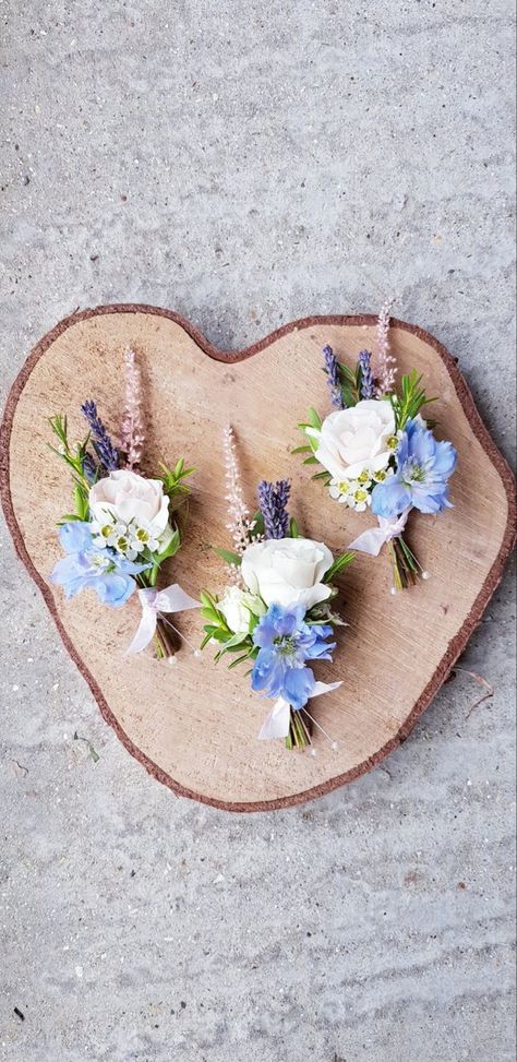 Wildflower Buttonholes Wedding, Pastel Buttonholes, Spring Buttonholes, Buttonholes Wedding, Hoco Flowers, Mum Wedding, Blue Boutonniere, Buttonhole Flowers, Pastel Wedding Flowers