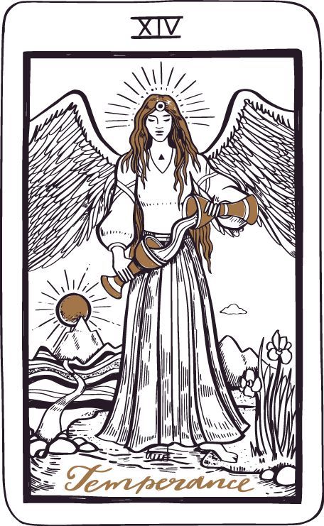 The Temperance tarot card symbolizes balance, moderation, and harmony. The figure of Temperance is depicted as an angel pouring water from one cup to another, representing the balance between opposing forces. The angel is often depicted with one foot on land and one foot in water, symbolizing the balance between the physical and spiritual realms. Planet Astrology, Temperance Tarot Card, Temperance Tarot, Witch Illustration, Tarot Card Tattoo, Tarot Tattoo, Moon Magick, Card Tattoo Designs, Wrap Tattoo