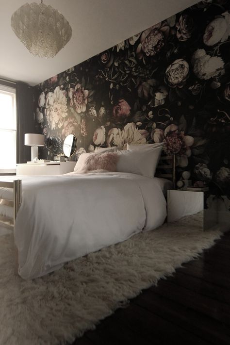 Floral Wallpaper Bedroom, Wallpaper Macbook, Dark Bedroom, Wallpaper Accent, One Room Challenge, Wallpaper Accent Wall, Room Challenge, Trendy Bedroom, Wallpaper Bedroom