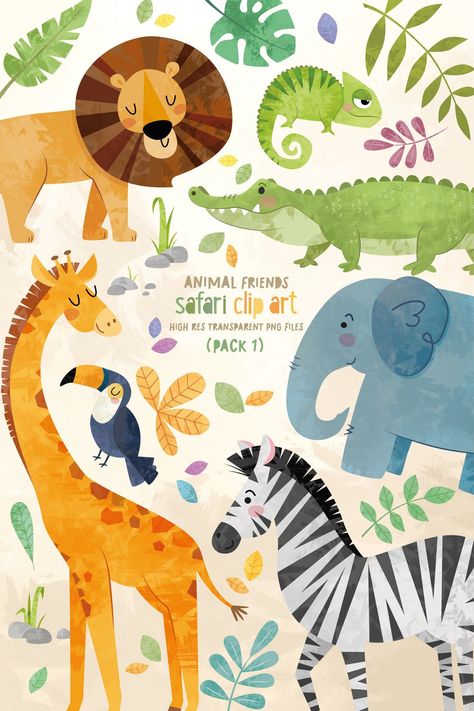 Roar into Creativity: Jungle Clipart Animals Illustration Pack Animal Clip Art, Giraffe Illustration, Safari Kids, Jungle Illustration, Grad Cap, Stil Inspiration, Childrens Room Decor, Art Bundle, Art And Illustration