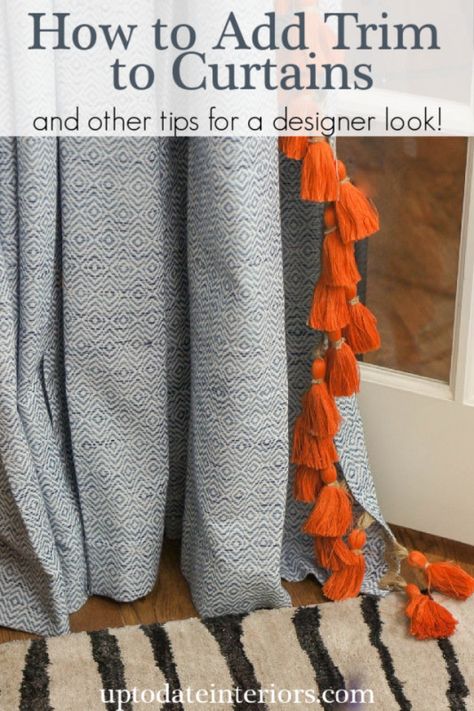 No-Sew Designer Curtains on a Budget:  Follow this easy step by step guide to turn your ho-hum curtain panels into ones you'll be proud of!!   Click over to for the full tutorial and other tips to customize store-bought curtains.  | adding trim to curtains | how to embellish plain curtains | adding tassels to curtains #diyhomedecor #interiordesign Adding Trim To Curtains, Pole Barn Loft Ideas, Bedroom Eclectic, Curtain Trim, Cool Kids Bedrooms, Pantry Wall, Plain Curtains, Buy Curtains, Boy Bedroom Design