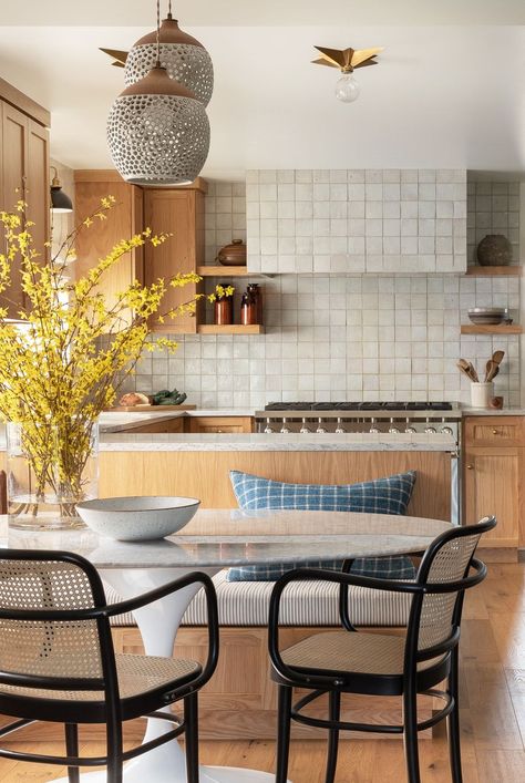 Cane Dining Chairs, Seattle Homes, Vent Hood, Zellige Tile, Mid Century Kitchen, Luxe Interiors, Gorgeous Kitchens, Kitchen Inspiration Design, Eclectic Home