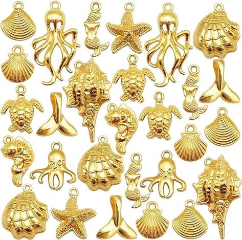 Amazon.com: Julie Wang 100g Gold Sea Ocean Beach Charms Pendants for Bulk Summer Jewelry Necklace Earrings Bracelet Making DIY Craft Starfish Shells Mermaid Tail Fish 80-100pcs : Arts, Crafts & Sewing Dangle Bracelet, Jewelry Making Charms, Diy Crafts Jewelry, Sea And Ocean, Sea Ocean, Mermaid Tail, Girly Jewelry, Summer Jewelry, Fashion Jewelry Necklaces