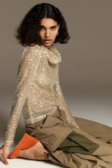 These 27 Anthropologie Finds That Should Be Viral | Who What Wear Sequin Turtleneck, Unique Women Tops, Peach Blouse, Bohemian Blouses, Gold Sequin, Party Tops, Sequin Top, Boho Blouses, 50 Fashion