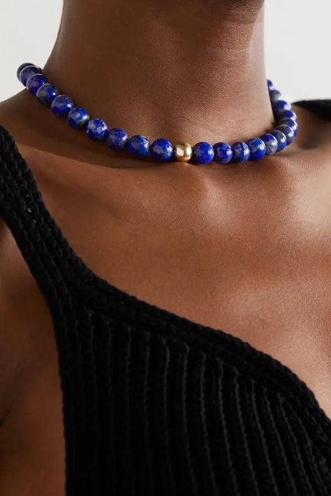 Mateo 14-karat Lapis Lazuli Necklace - Blue | Editorialist Lapiz Lazuli Necklace, Lapis Lazuli Beaded Necklace, Lapis Lazuli Jewelry Necklaces, Gemstone Necklace Diy, Make Your Own Necklace, Jewelry Minimal, Blue Statement Necklace, Lapis Jewelry, Modern Gold Jewelry