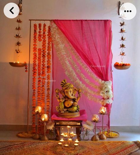 Ganesh Chaturti Decorations Ideas, Ganapathi Pooja Decoration, Ganesh Decorations At Home, Ganpati Decoration Design At Home, Ganesh Decoration Ideas Home Decor Diy, Ganpati Pandal Decoration, Ganpati Murti Decoration, Decorations For Ganpati Festival At Home, Diy Ganpati Decoration Ideas For Home