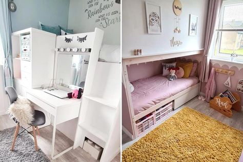 Thrifty mum uses bunk beds to split her daughters’ room in two so they can both have some space & it’s an instant hit Split Room Bunk Bed, Bunk Bed Hacks, Kids Room Divider, Bunk Bed Room, Girls Bunk Beds, Diy Loft, Kids Shared Bedroom, Diy Room Divider, Shared Bedroom