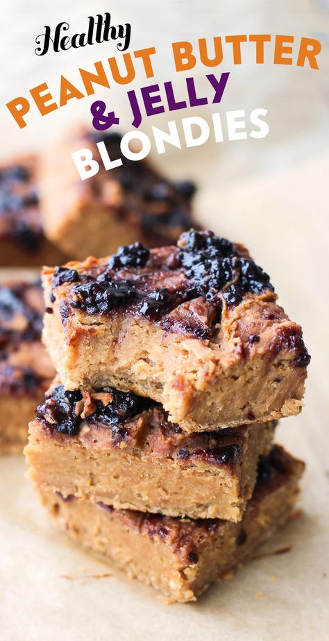 These Healthy Peanut Butter and Jelly Blondies are SUPER dense, fudgy, and rich. Also guilt-free, refined sugar free, high protein, gluten free and vegan! - Healthy Dessert Recipes at Desserts with Benefits Healthy Peanut Butter And Jelly, Dessert Oats, Blondie Dessert, High Protein Desserts, Sugar Free Recipes Desserts, Healthy Vegan Desserts, Protein Desserts, Vegan Peanut Butter, Healthy Peanut Butter