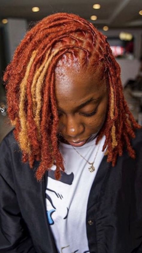 Copper Dyed Locs, Fall Hair Colors For Locs, Orange And Blonde Locs, Red And Orange Locs, Black Locs With Highlights, Red And Blonde Locs Black Women, Fall Color Locs, Locs Color Combo, Dyed Locs Dark Skin