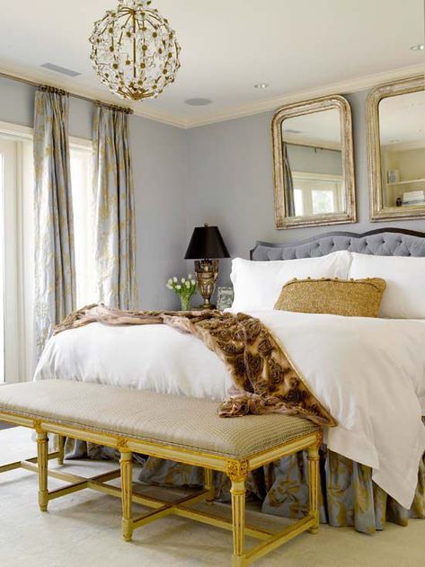 Friday Favorites - Grey and Gold Grey And Gold Bedroom, Bedroom Decorating Tips, Glamourous Bedroom, Gray Walls, Bedroom Trends, Room Photo, Bedroom Bliss, Gold Bedroom, Romantic Bedroom