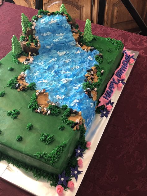 Water fall cake Volcano Sheet Cake, 2nd Farm Birthday, Dino Cake Ideas, Greek Mythology Party, Mythology Party, Waterfall Cake, Fair Cake, Christian Cakes, Volcano Cake