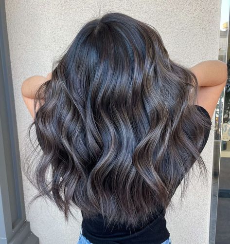 Black Hair with Ash Brown Balayage Ash Dark Brown Hair Color, Ash Balayage On Black Hair, Ash Brown Balayage Dark, Brown Gray Hair, Ash Brown Hair Dye, Medium Ash Brown Hair, Dark Ash Brown Hair, Ash Brown Hair Balayage, Gray Hair Dye