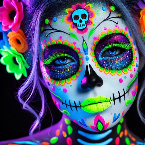 Pretty Sugar Skull Makeup, Sugar Skull Kids Makeup, Rainbow Sugar Skull Makeup, Neon Sugar Skull Makeup, Skeleton Makeup Colorful, Colorful Catrina Makeup, Skull Makeup Colorful, Catrinas Neon Makeup, Halloween Neon Makeup