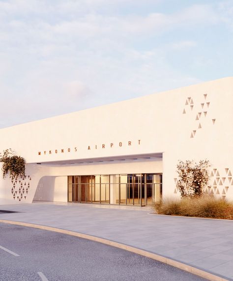 Mykonos airport design and architecture - featuring traditional Greek white-washed façade. Designed by K-STUDIO Mykonos Airport, Casa Cook, Hardscape Design, Airport Design, Architectural Competition, Studios Architecture, Heritage Museum, Floating House, Public Spaces