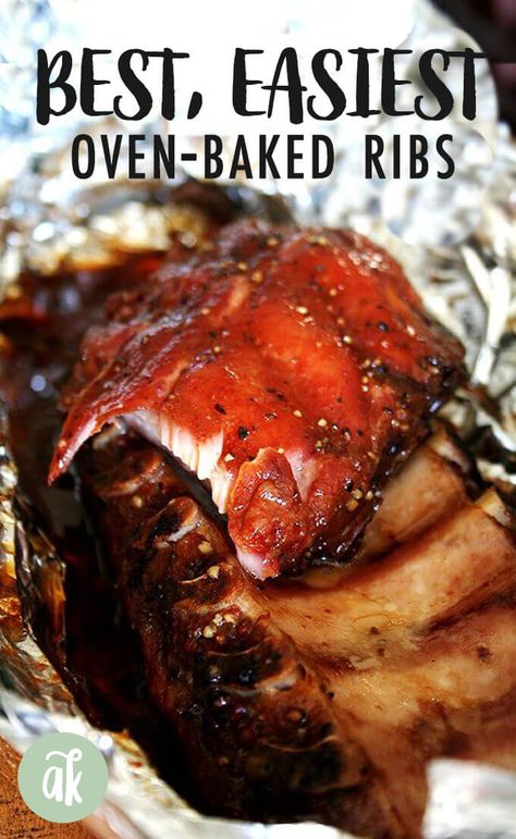 The Best, Easiest (Oven) Ribs You Will Ever Make: This amazing baby back ribs recipe takes five minutes to prepare, but what emerges from the oven — a juice-filled package of falling-off-the-bone baby back ribs, perfectly crisped on the exterior — tastes like a day's worth of work toiling over a coal-filled bbq pit. Sweet. Smokey. Salty. Delicious. If these aren't the best ribs you've ever prepared, they're damn good ribs at the very least. #ribs #ovenribs #babybackribs #easy Babyback Ribs In Oven, Back Ribs In Oven, Oven Ribs, The Best Ribs, Baked Bbq Ribs, Baby Back Ribs Recipe, Back Ribs Recipe, Best Ribs, Ribs Recipes