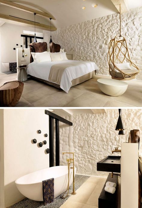 In this hotel guest room, a half-wall separates the sleeping area from the bathroom. Room Romantic, Pintu Interior, Interior Hotel, Hotel Room Design, Room Door Design, Room Door, Hotel Guest, Design Hotel, Bedroom Hotel