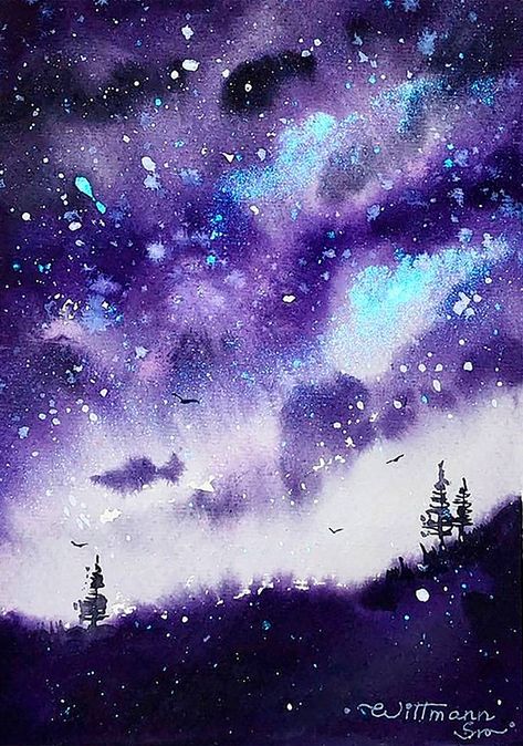 Purple Galaxy Night - Night Sky Painting | OpenSea Watercolor Starry Night, Night Sky Artwork, Space Watercolor, Night Sky Art, Night Sky Painting, Watercolor Galaxy, Galaxy Painting, Milky Way Galaxy, Sky Painting