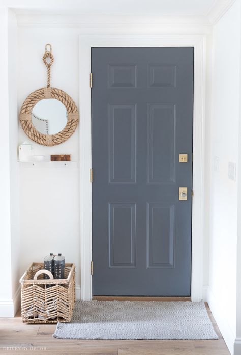 Garage Entryway Ideas, Interior Garage Door, Rug Mirror, Garage Entry Door, Townhome Decorating, Before And After Makeover, Garage Entryway, Fall Front Porch Decor Ideas, Entryway Makeover